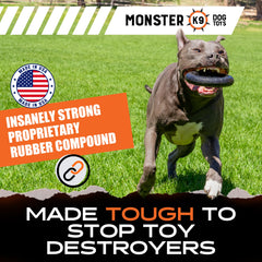 Monster K9 indestructible ring toy tug and fetch action demonstrates interactive play.
