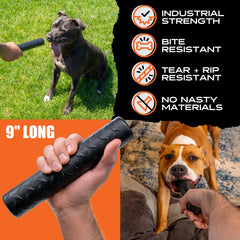 Monster K9 Indestructible Stick Toy with pull shows durable play for power chewers.