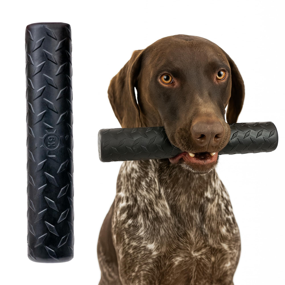 Monster K9 Indestructible Stick Dog Toy front view highlights durable solid-core rubber for aggressive chewers.