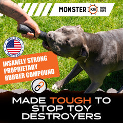 Monster K9 Indestructible Stick Dog Toy being chewed demonstrates safe, non-toxic natural rubber.