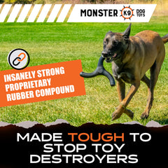 Monster K9 Indestructible Toy 8-inch width demonstrates durable chew during play.