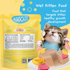 MOOCHIE grain-free kitten wet food pouches serving suggestion to entice meals
