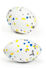 Moonorange olive rugby ball side view highlighting buoyancy for water fetch.