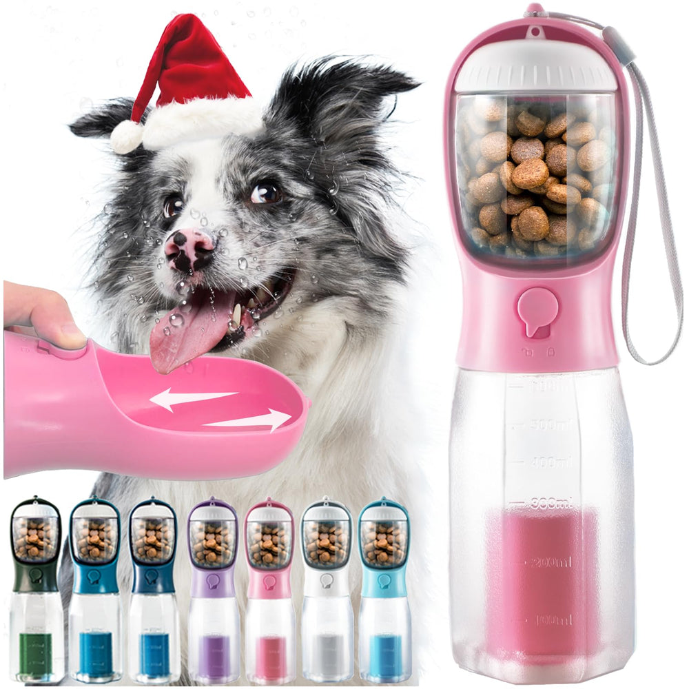 MoonyMars pink bottle sideview for on-the-go hydration with large dog.