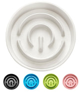 MOPANG ceramic slow feeder bowl shows 2-cup capacity for controlled meals.
