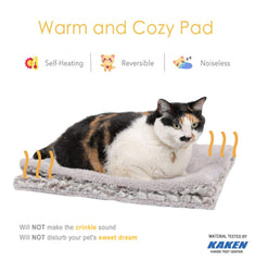 Mora Pets self-heating cat pad side view highlights slim, portable warmth for travel-ready pets.