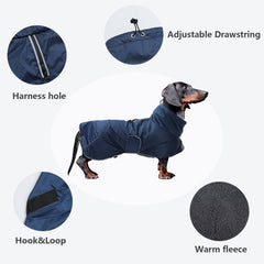 Morezi dachshund coat navy dog-walking scene with reflective trim for night safety.