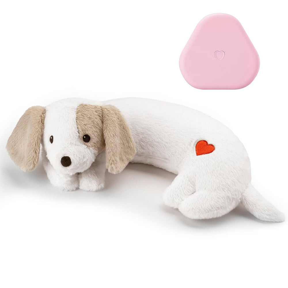 Moropaky Heartbeat Puppy Toy closeup showcases soft plush and comforting heartbeat for anxiety relief.