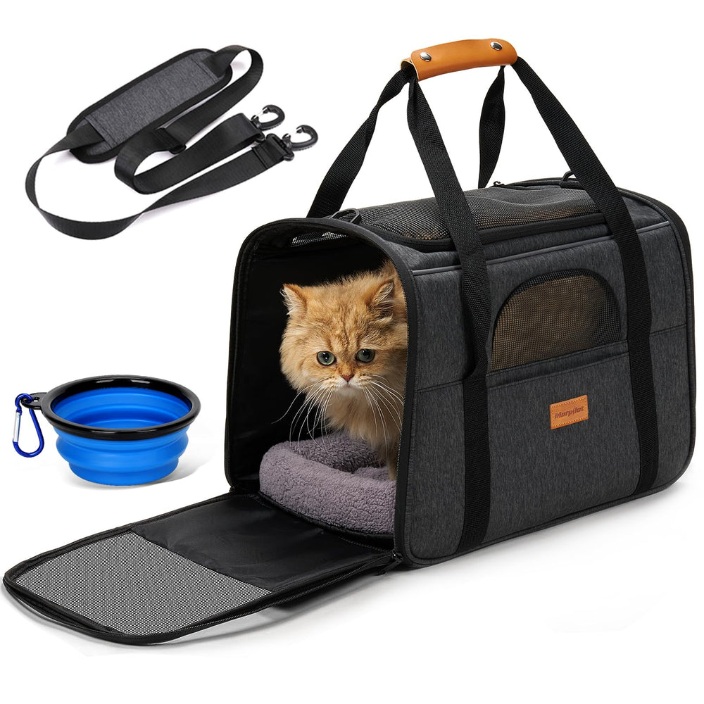 Morpilot pet travel carrier bag front view shows spacious interior for comfort