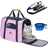 Morpilot portable cat carrier pink front view highlights roomy interior for relaxed travel.