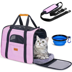 Morpilot portable cat carrier pink front view highlights roomy interior for relaxed travel.