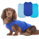 MORVIGIVE 3-pack blue striped dog t-shirts front view, easy on-off summer wear