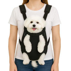 Mosago dog backpack front view shows a hands-free travel setup for small dogs.