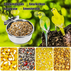 MotBach bird food-water dish close-up highlights hygienic stainless steel surface.
