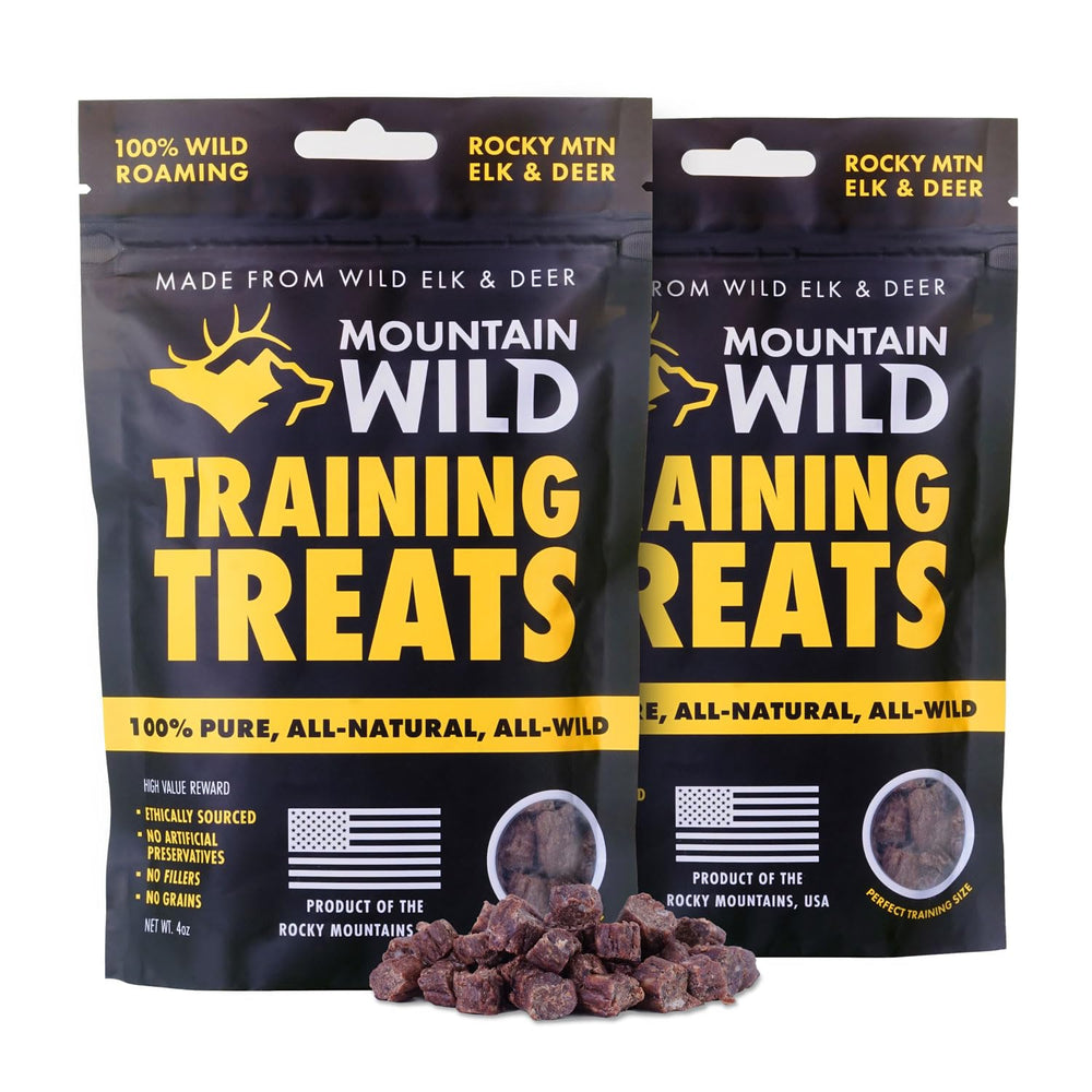 Mountain Wild Training Treats elk-venison protein bag showcases high-value rewards for training