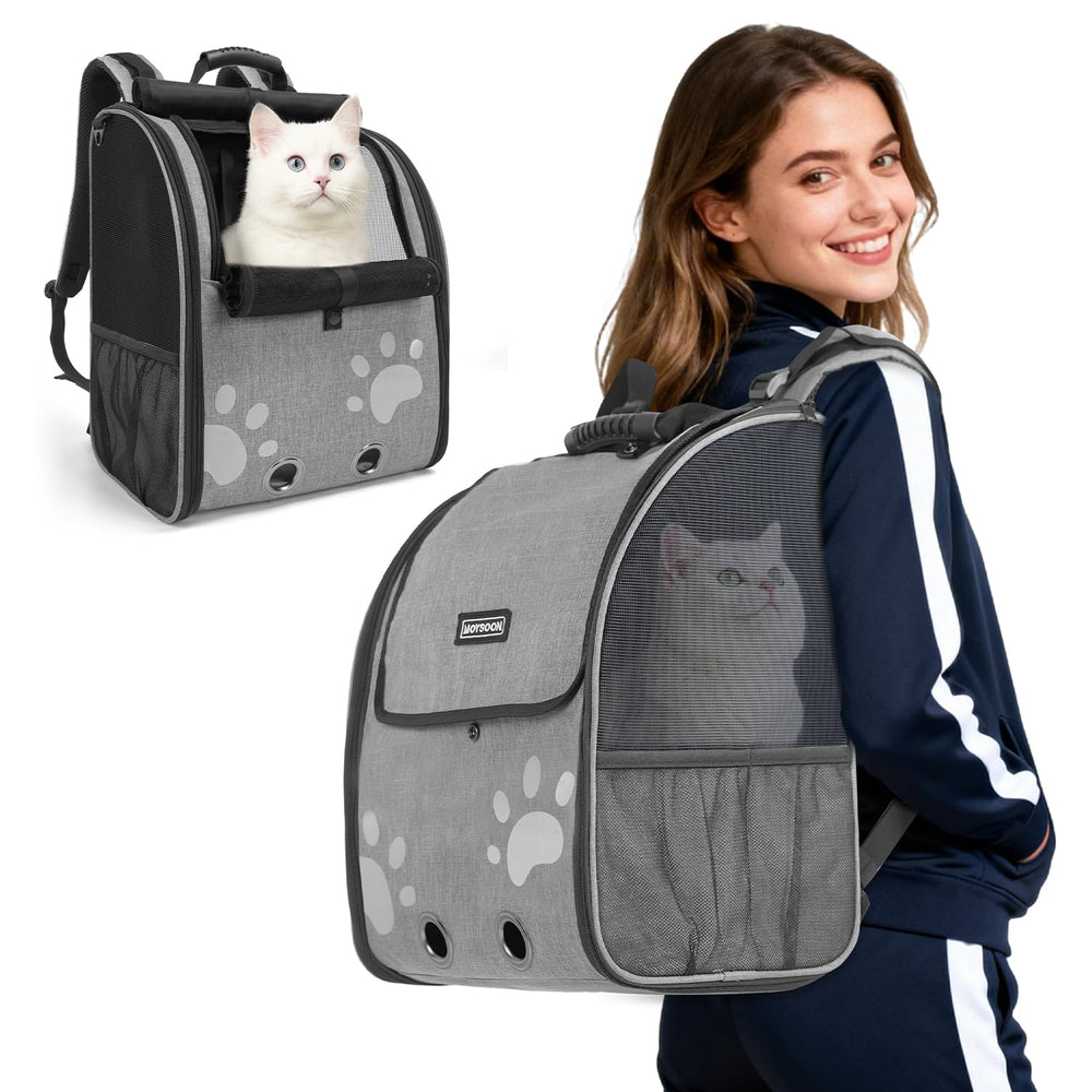 Moysoon cat backpack face view shows comfortable carry for pets during outdoor trips.