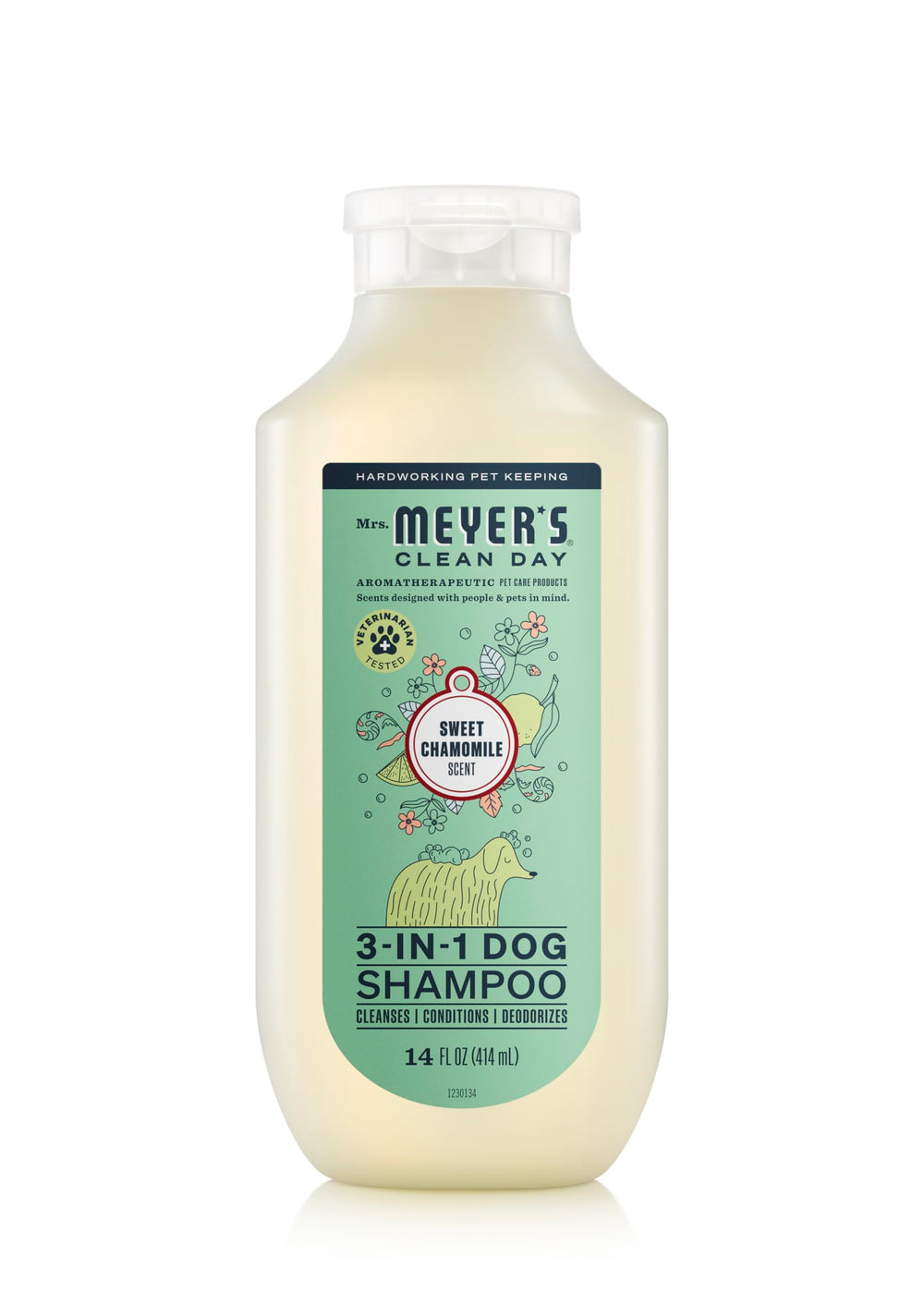 Mrs. Meyer's Clean Day Dog Shampoo bottle with Sweet Chamomile for fresh baths.