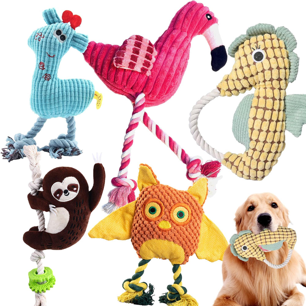 MRSOHRET 5-pack plush dog toys with rope and squeaker for engaging playtime.