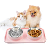 MUYG double dog bowls with mat pink side view spill-resistant setup