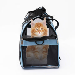 MuchL pet carrier soft-sided blue side-view showcases four-sided mesh for ventilation.