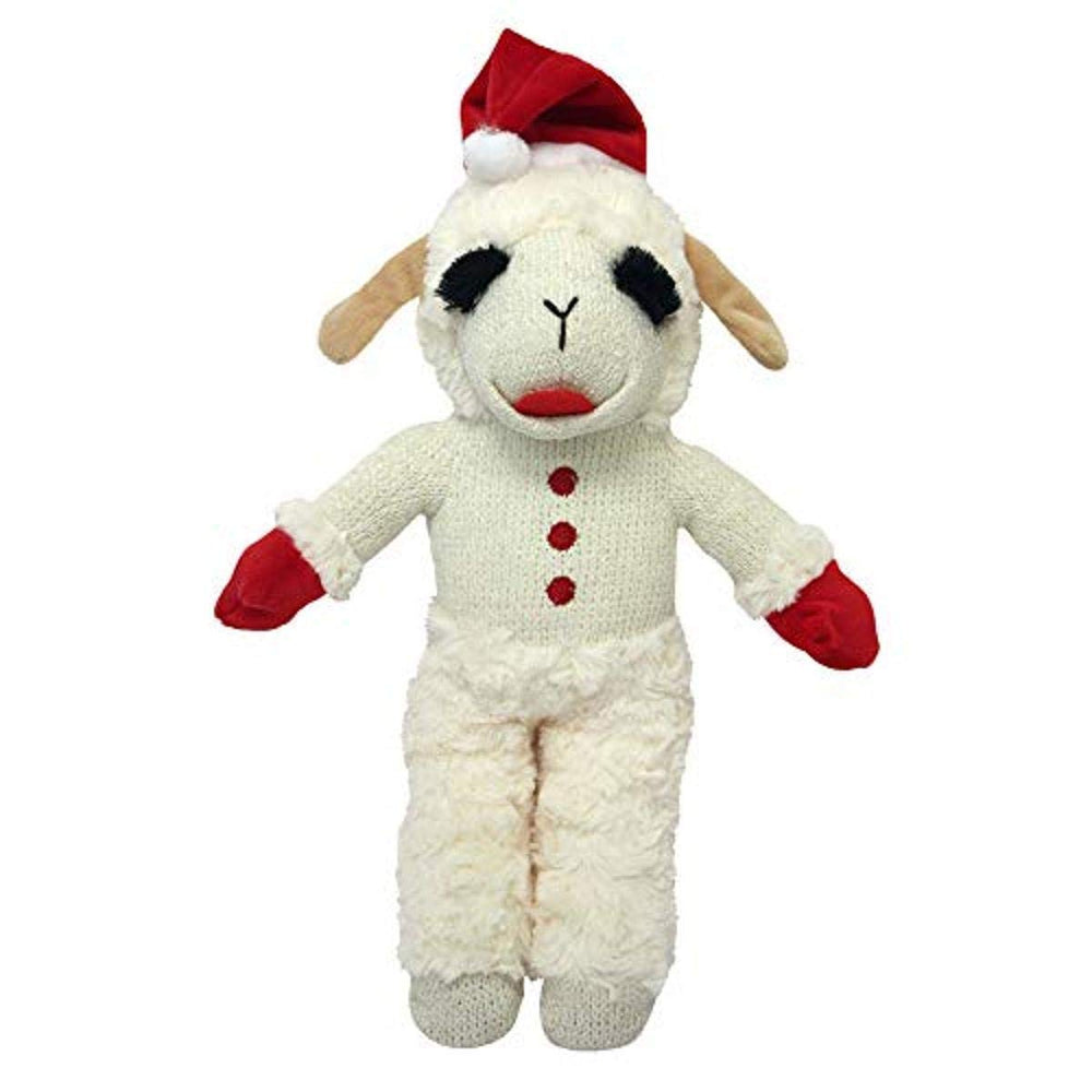 Multipet dog standing holiday lamb chop santa hat front view, festive plush squeaker for dogs