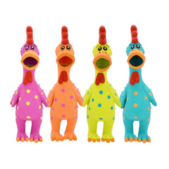 Multipet Globkens chicken polka-dot toy for interactive play and squeak action.