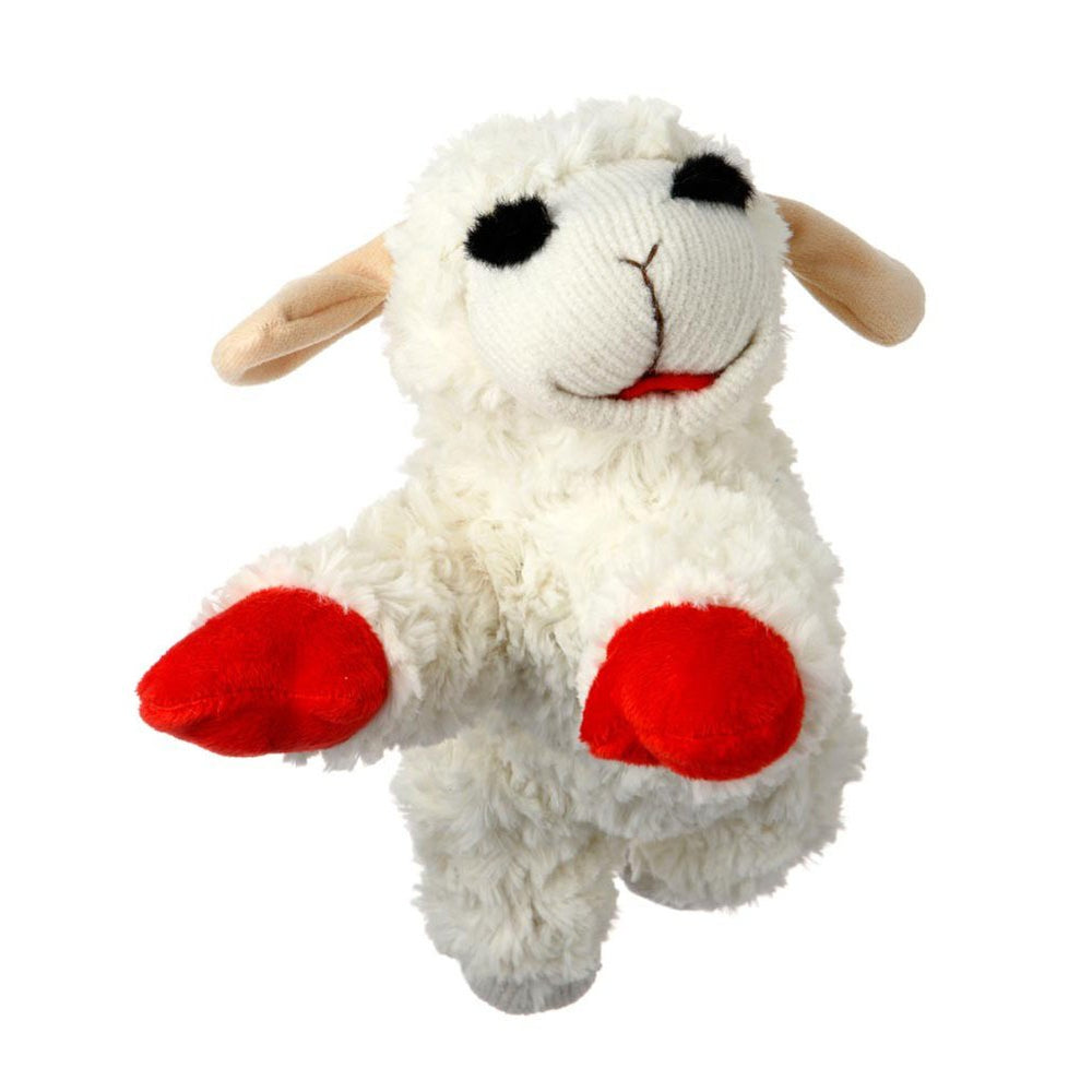 Multipet Lamb Chop dog toy 10 inches with squeaker for interactive play and cuddling.