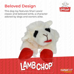 Multipet Lamb Chop plush with squeaker inside for interactive play.