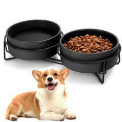 MultiOutools ceramic bowl set with stand provides stable feeding for small pets.