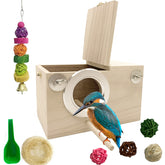 MUYG parakeet breeding box front view shows natural pine construction for safe nesting.