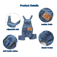 MuYaoPet denim overall blue closeup of soft fabric and stitching