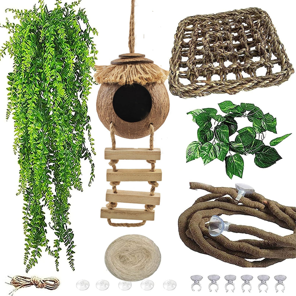 MUYG gecko tank coconut hideout hut with ladder for climbing enrichment