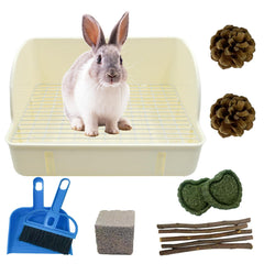 MUYG rabbit litter box in cage setup promoting easy cage maintenance.