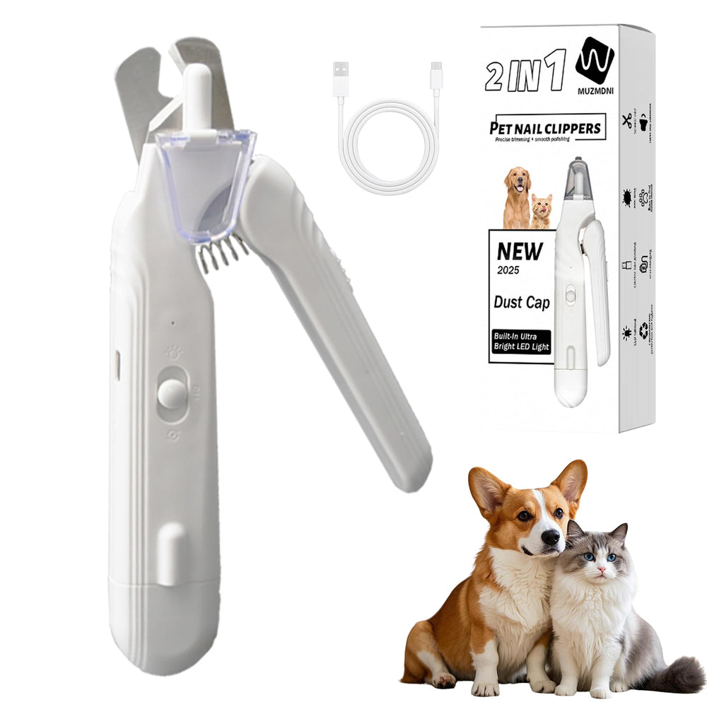 MUZMDNI 2-in-1 dog nail grinder and clippers in white for precise grooming.