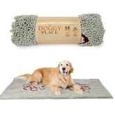My Doggy Place microfiber dog mat top view shows paw-print design and absorbent surface.
