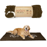 My Doggy Place microfiber dog mat with muddy paws design traps mud and keeps floors dry.