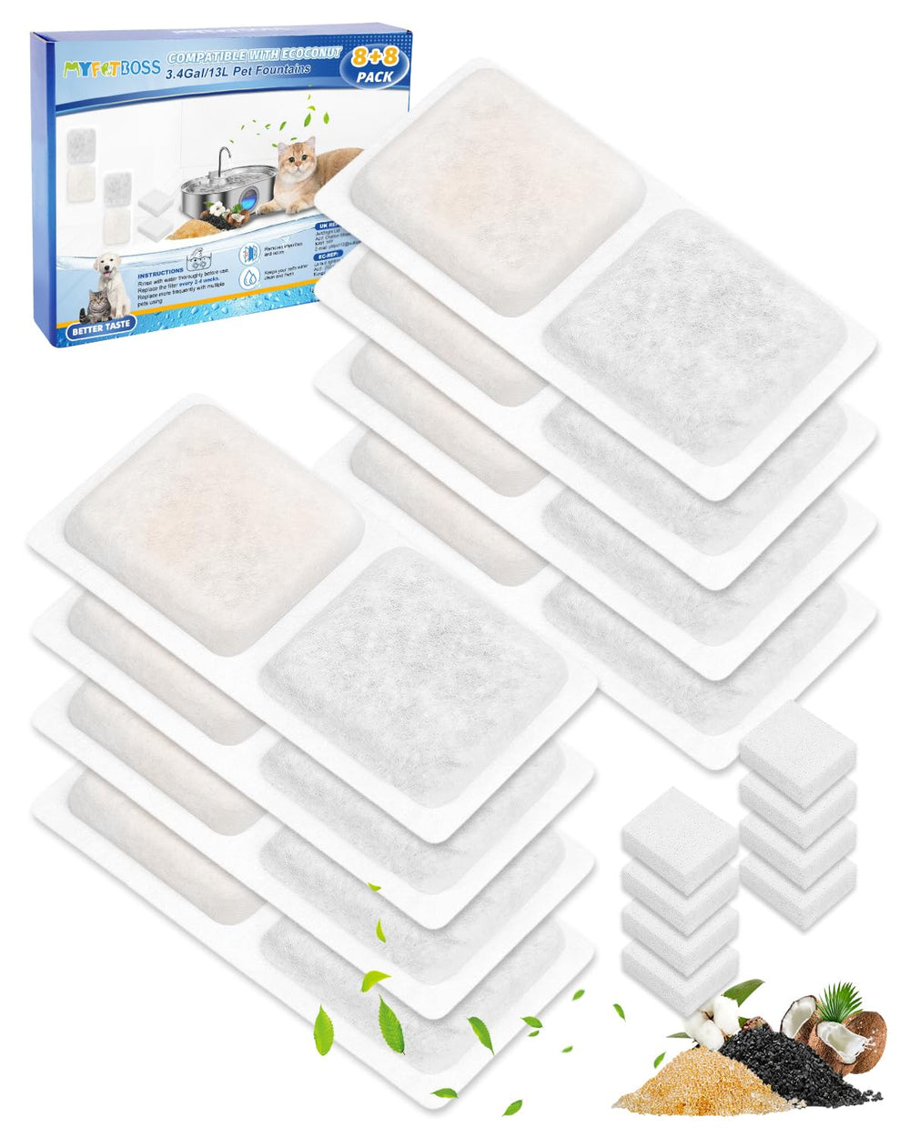 MyfatBOSS 8+8 pack packaging for easy replacement in large-dog fountains.