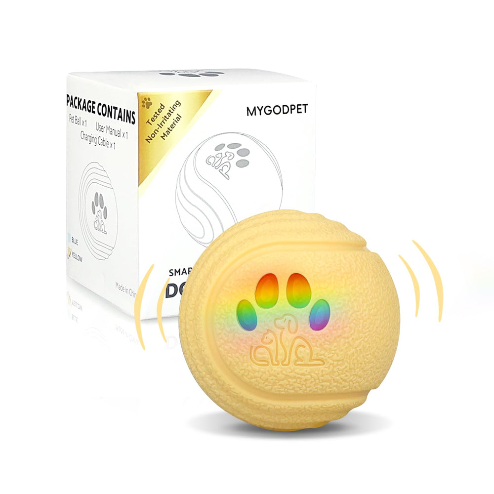 MYGODPET interactive ball closeup highlighting durable TPU shell for safe chews and play