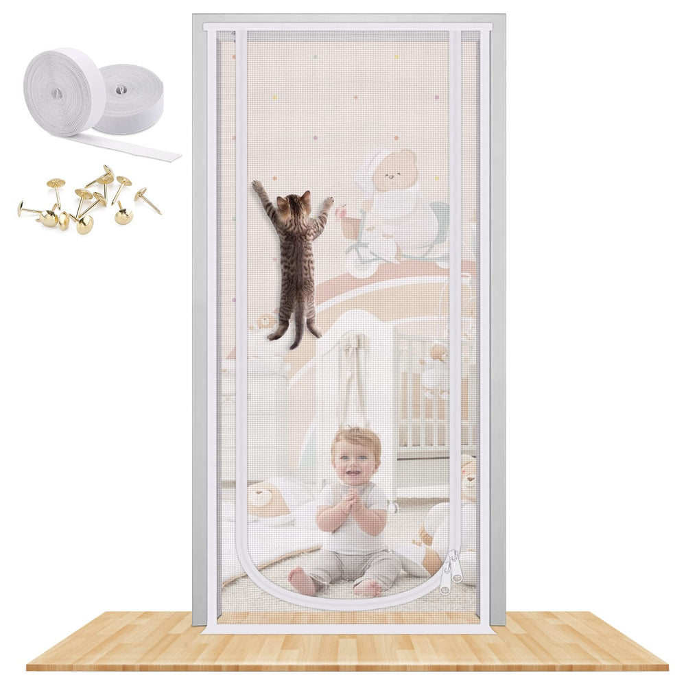 MYPIN reinforced cat screen door with bilateral zipper for easy two-way pass-through and pet safety.