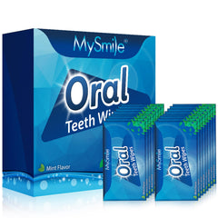 MySmile 100pcs teeth wipes packaging shows convenient on-the-go oral care and mint freshness