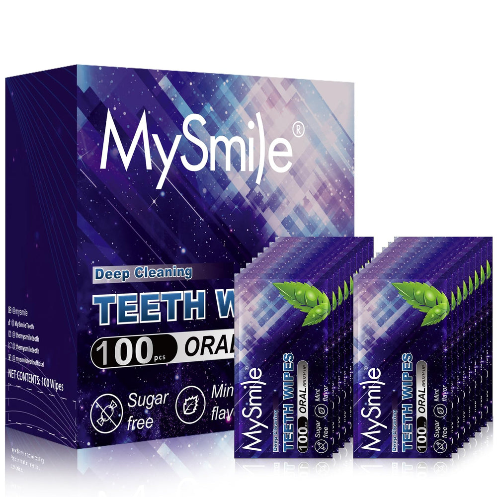 MySmile Teeth Wipes packaging shows 100pcs for convenient daily on-the-go cleaning