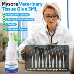 Mysora Vet Tissue Glue blue-dyed formula clearly marks application area for precise use.