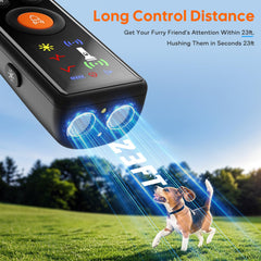 Mystarry LED flashlight mode assists nighttime walks while deterring barking.