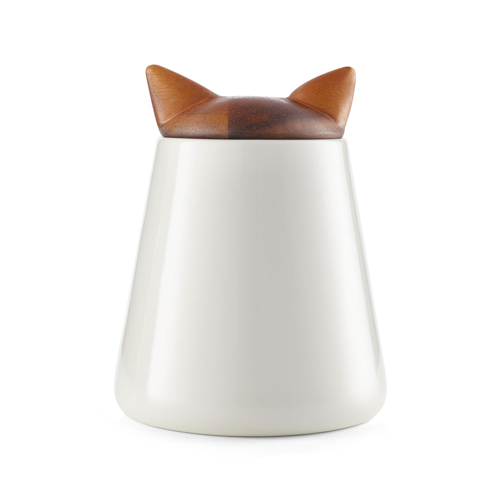 Nambe cat treat jar silhouette highlights playful design and convenient storage on countertops.