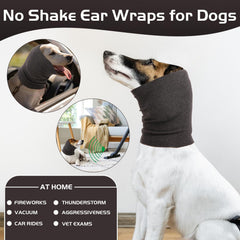 Nanaki dog head-cover during grooming to reduce stress and protect ears.
