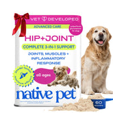 Native Pet Advanced Care powder tub shown for joint support and easy dosing.