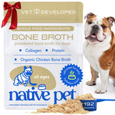 Native Pet bone broth powder in bottle highlights organic chicken ingredients for pet hydration.