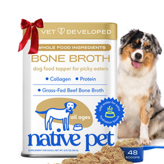 Native Pet bone broth powder with scoop enhances meal-time convenience