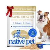 Native Pet bone broth powder packaging shows organic ingredients for pet hydration.