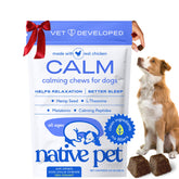 Native Pet calming chews on a sleepy dog bed promoting bedtime calm